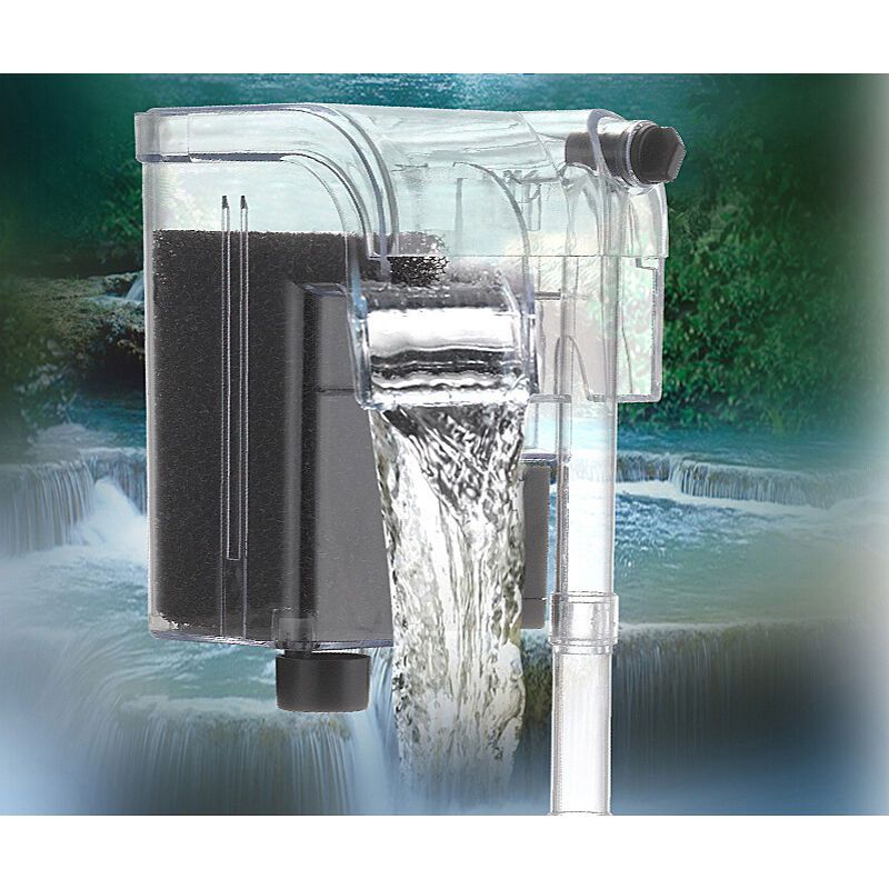 Ultra-slim hang-on aquarium filter, suitable for tanks up to 20 liters; features three-stage adjustable filtration, a flow rate of 250 L/h, and 3W power; USB-powered model.