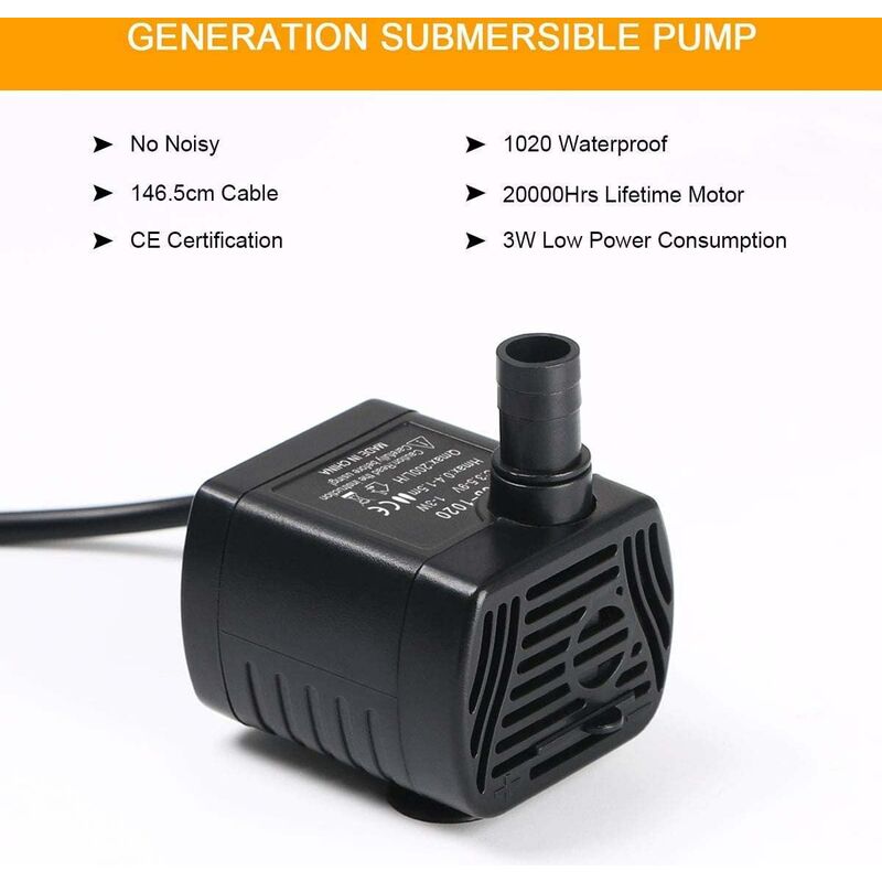 Submersible Water Pump, Aquarium Pump Adjustable 200L/H 3W Ultra-Quiet Catit Usb Pump For Pond Fish Tank Fountain Fish
