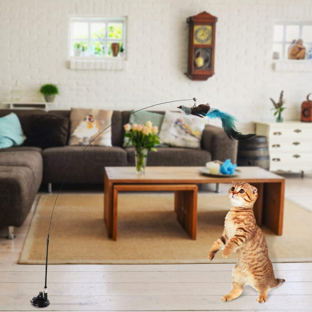 Toy Fishing Rod for Cats - Cat Play Rod - Cat Fishing Rod - 2 Extra Spring Heads - With Suction Cup Base - Interactive Cat Toy - Cat Toy - Cat Toys - Cat Troublemaker - Cat Toys