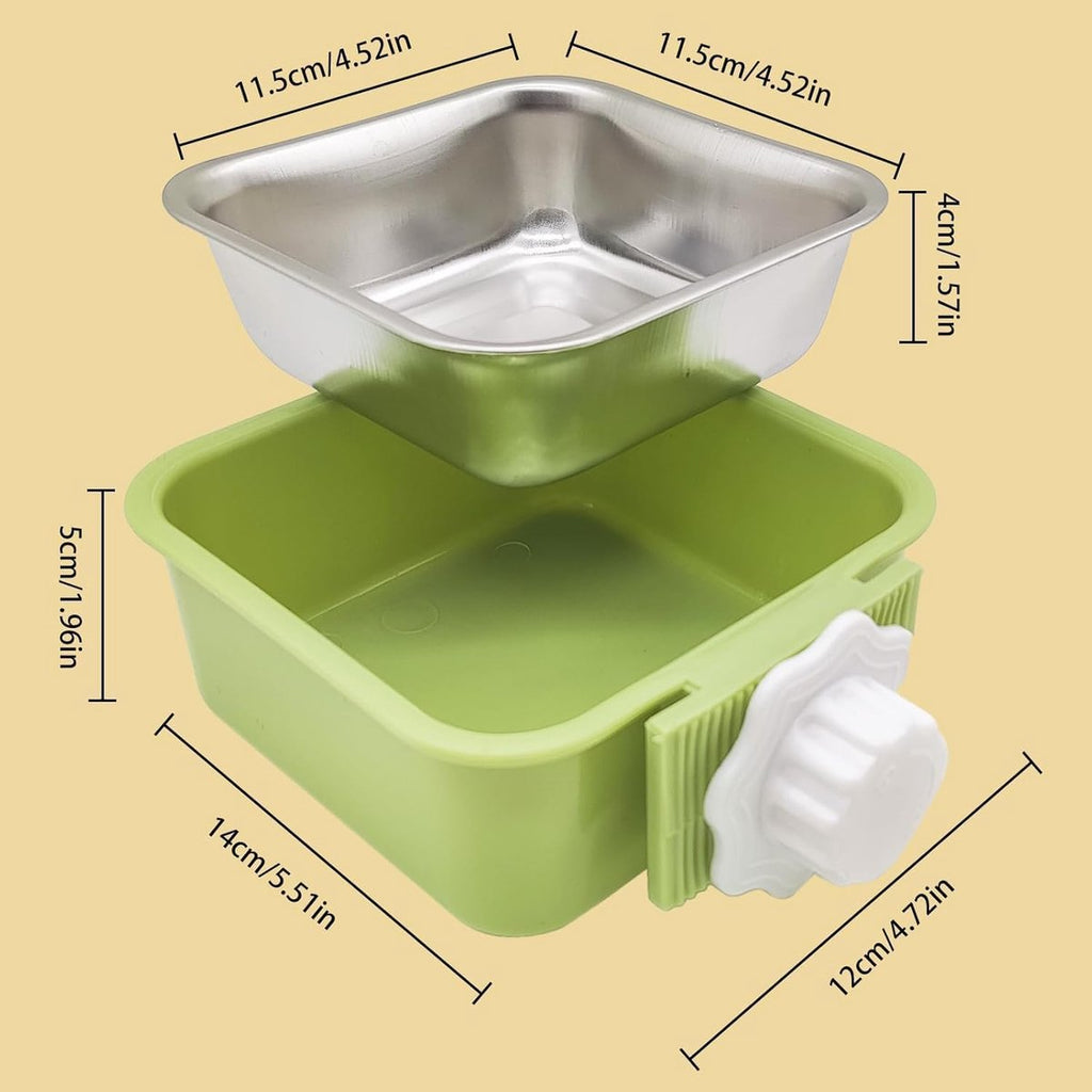 2 pieces - Hanging pet cage feeder - Pet feeder - 2-in-1 water bowl - adjustable - removable - double stainless steel design - for dog, puppy, cat, rabbit, guinea pig, hedgehog, bird - green and blue