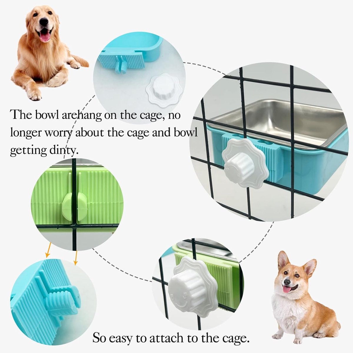 2 pieces - Hanging pet cage feeder - Pet feeder - 2-in-1 water bowl - adjustable - removable - double stainless steel design - for dog, puppy, cat, rabbit, guinea pig, hedgehog, bird - green and blue