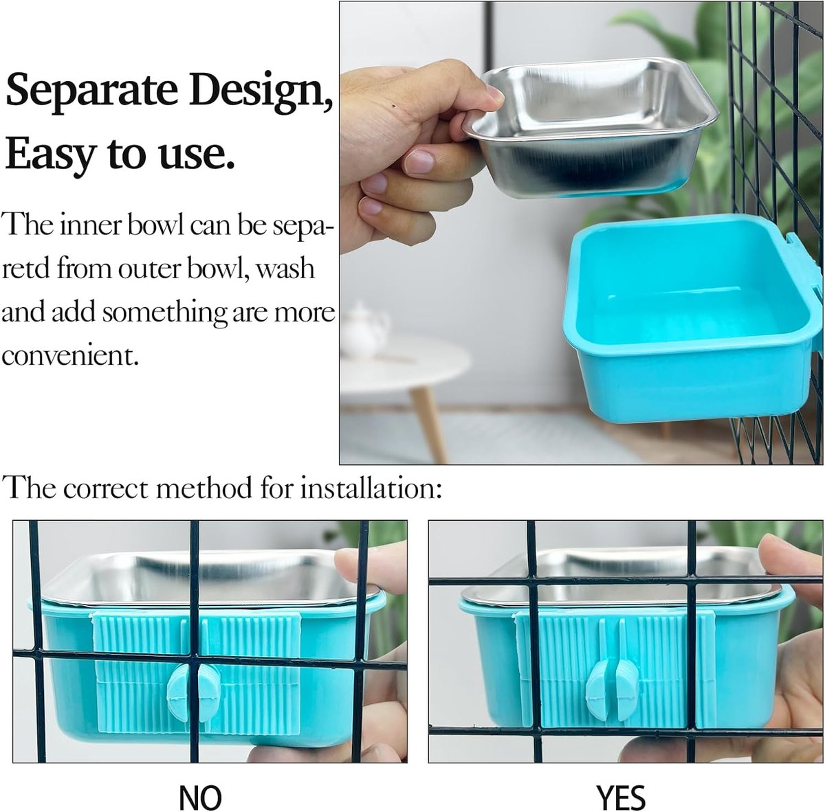 2 pieces - Hanging pet cage feeder - Pet feeder - 2-in-1 water bowl - adjustable - removable - double stainless steel design - for dog, puppy, cat, rabbit, guinea pig, hedgehog, bird - green and blue