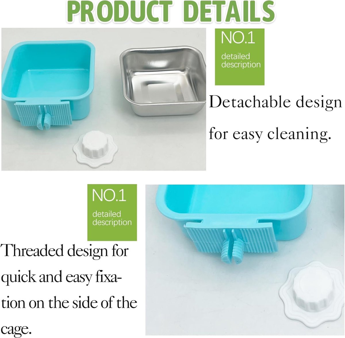 2 pieces - Hanging pet cage feeder - Pet feeder - 2-in-1 water bowl - adjustable - removable - double stainless steel design - for dog, puppy, cat, rabbit, guinea pig, hedgehog, bird - green and blue