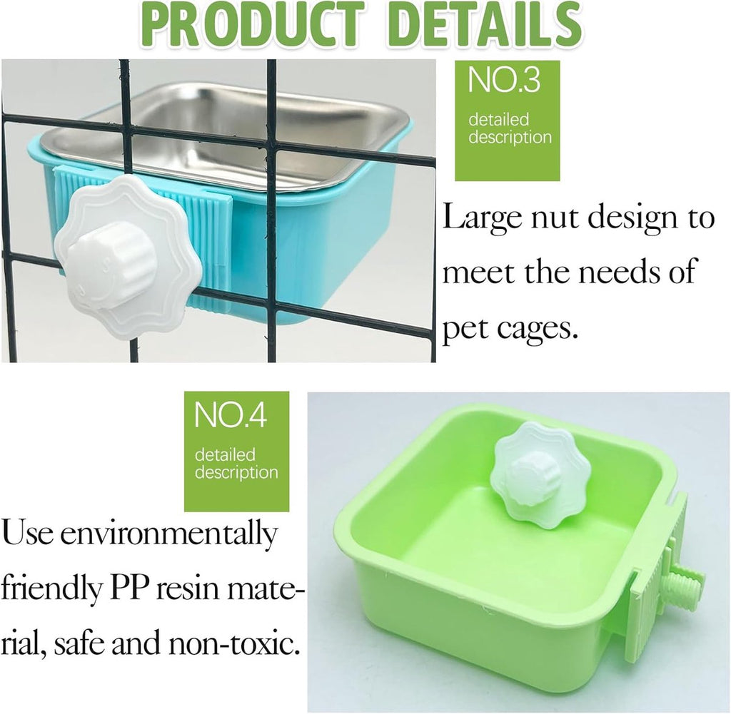 2 pieces - Hanging pet cage feeder - Pet feeder - 2-in-1 water bowl - adjustable - removable - double stainless steel design - for dog, puppy, cat, rabbit, guinea pig, hedgehog, bird - green and blue