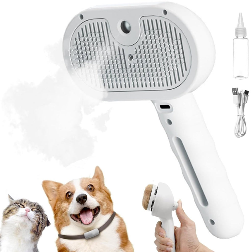 Cat Steam Brush - Dog Steam Brush - 3 in 1 Pet Spray Shedding Comb for Cats and Dogs - Dog Steam Brush - Pet Grooming Brush with Spray - Cat Steam Brush - Pets - Dog Brush - for Shedding & Grooming - White