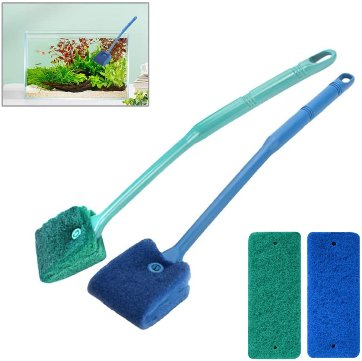 2 pieces - Aquarium Cleaning Brush - with 40 cm long handle - with 2 replacement cleaning cloths - sponge Brush with Long Handle - cleaning sponges - algae cleaning brush - accessories for cleaning aquarium glass - Blue, Green