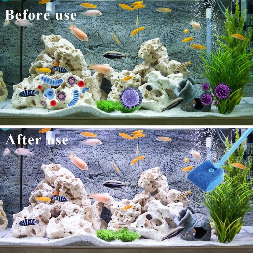 2 pieces - Aquarium Cleaning Brush - with 40 cm long handle - with 2 replacement cleaning cloths - sponge Brush with Long Handle - cleaning sponges - algae cleaning brush - accessories for cleaning aquarium glass - Blue, Green