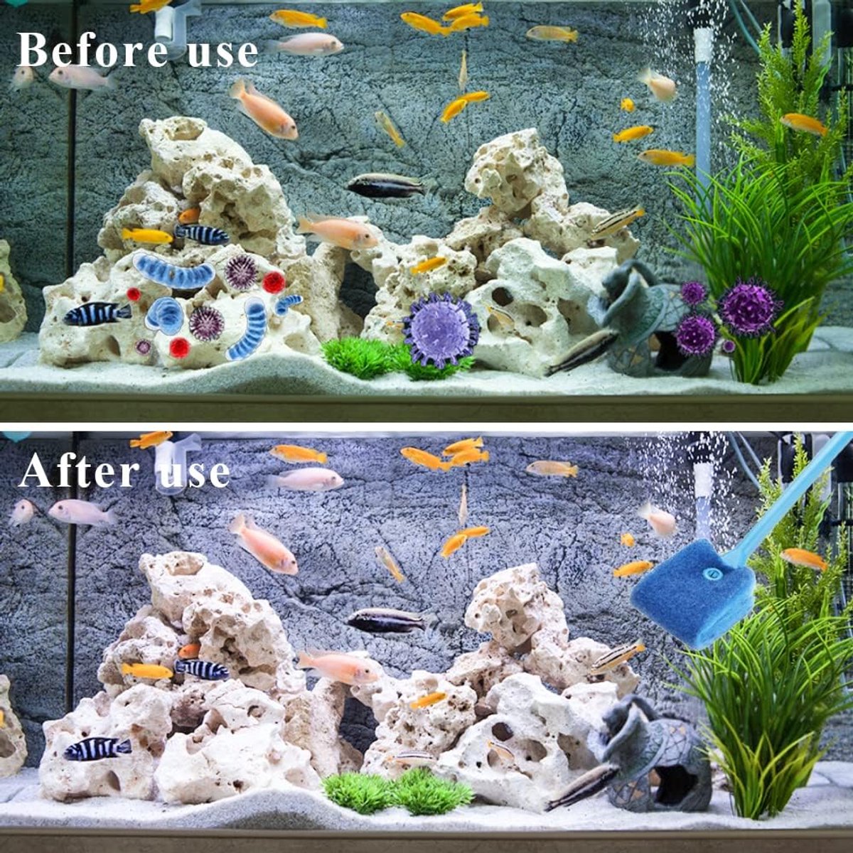 2 pieces - Aquarium Cleaning Brush - with 40 cm long handle - with 2 replacement cleaning cloths - sponge Brush with Long Handle - cleaning sponges - algae cleaning brush - accessories for cleaning aquarium glass - Blue, Green