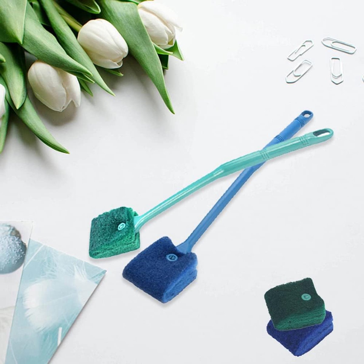 2 pieces - Aquarium Cleaning Brush - with 40 cm long handle - with 2 replacement cleaning cloths - sponge Brush with Long Handle - cleaning sponges - algae cleaning brush - accessories for cleaning aquarium glass - Blue, Green