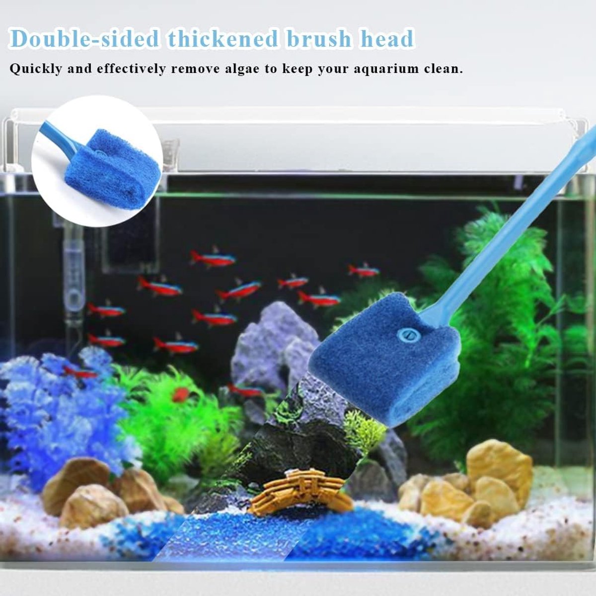 2 pieces - Aquarium Cleaning Brush - with 40 cm long handle - with 2 replacement cleaning cloths - sponge Brush with Long Handle - cleaning sponges - algae cleaning brush - accessories for cleaning aquarium glass - Blue, Green