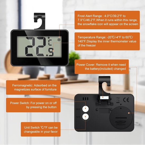 Set of 3 digital refrigerator thermometers - Magnetic aquarium thermometer with hook - Mini refrigerator thermometer - Freezer thermometer - for home, restaurant, bar - Black
