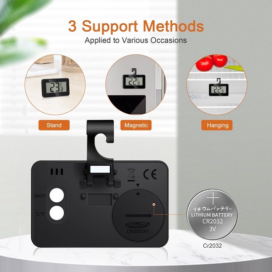 Set of 3 digital refrigerator thermometers - Magnetic aquarium thermometer with hook - Mini refrigerator thermometer - Freezer thermometer - for home, restaurant, bar - Black
