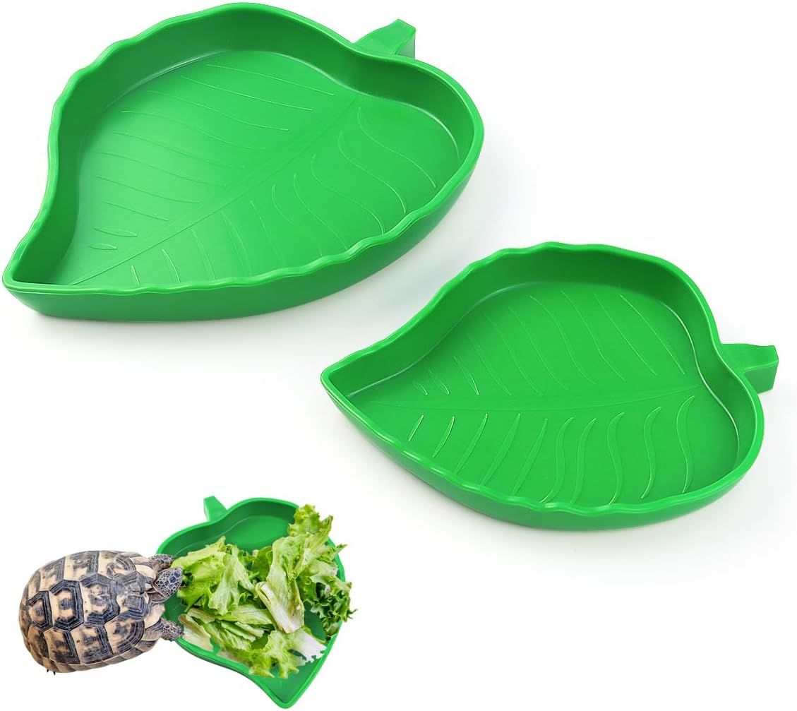 2 Pack Leaf Shaped Reptile Food and Water Bowls, Shallow Feeding Dishes for Tortoises, Lizards, Small Snakes and Bearded Dragons