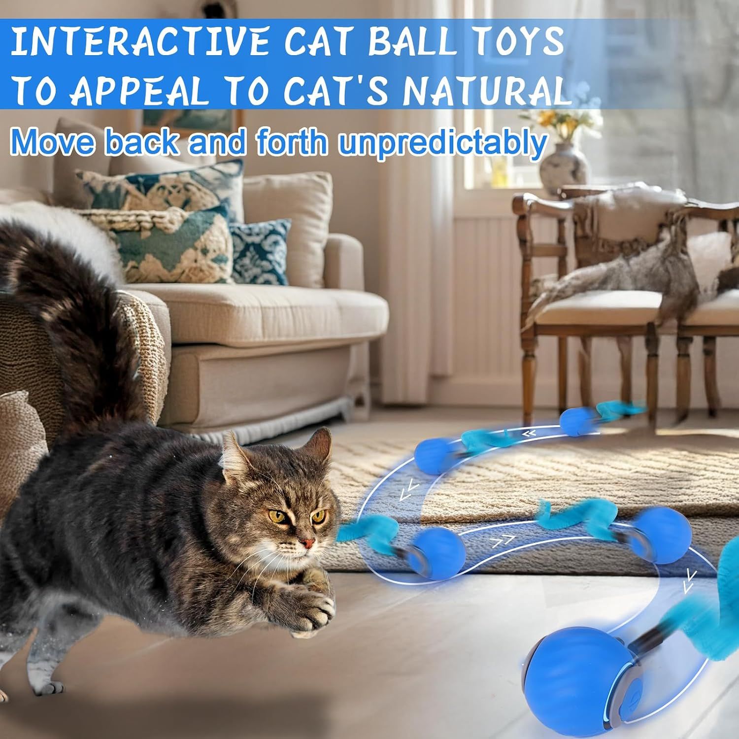Interactive Cat Toy Ball - Automatic Interactive Cat Toys for Indoor Cats with 3 Tails, 2 Speeds Rechargeable Cat Enrichment Toys for, Blue