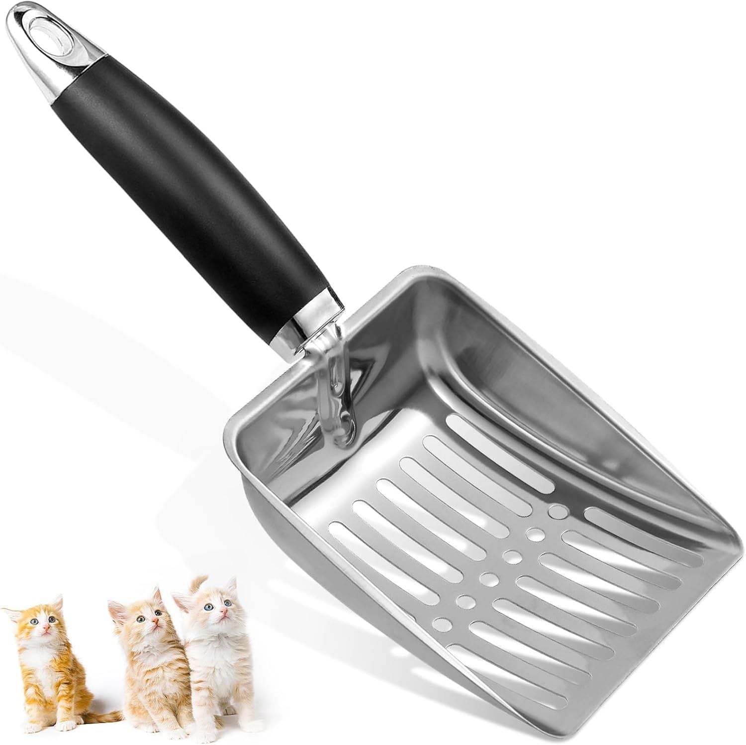 Stainless Steel Cat Litter Scoop, Durable Fine-Mesh Metal Litter Shovel for Litter Boxes and Easy Waste Removal, Light Black, Size M
