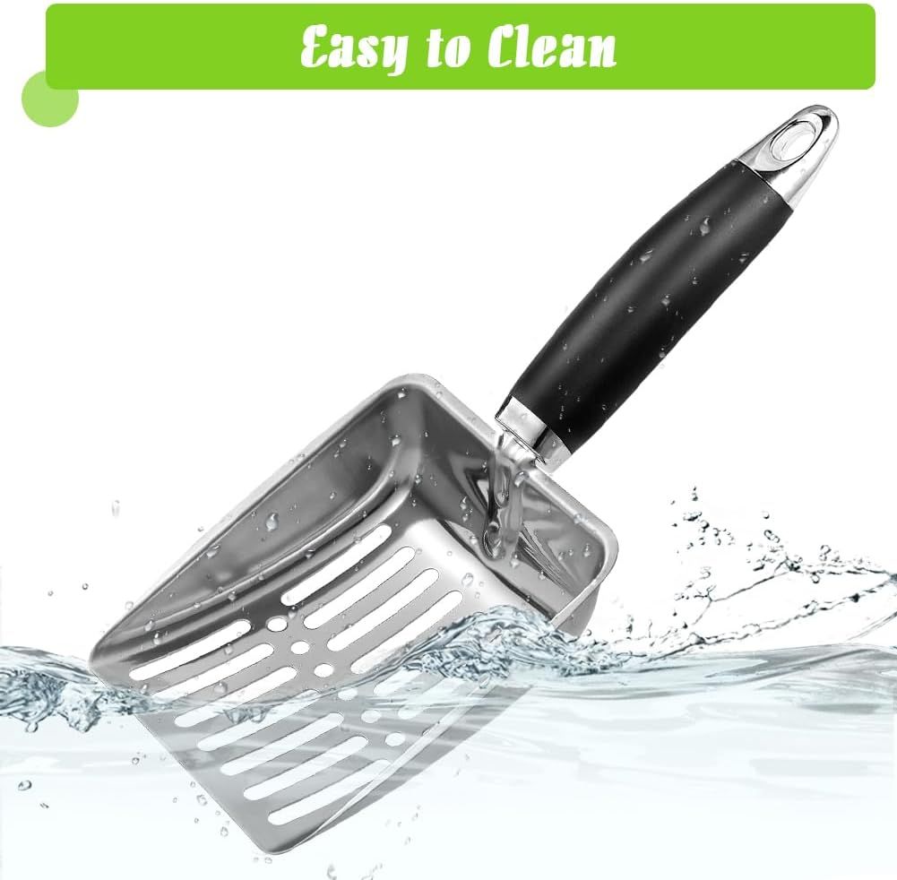Stainless Steel Cat Litter Scoop, Durable Fine-Mesh Metal Litter Shovel for Litter Boxes and Easy Waste Removal, Light Black, Size M