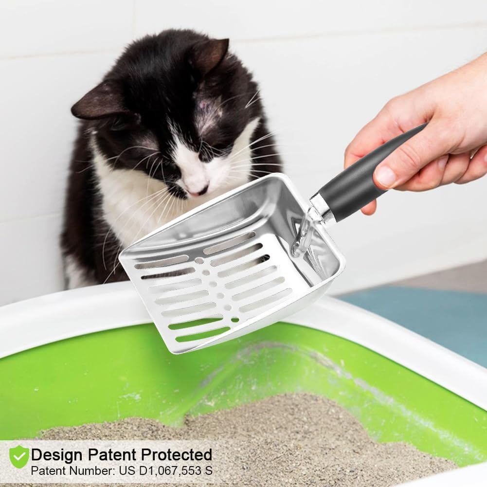 Stainless Steel Cat Litter Scoop, Durable Fine-Mesh Metal Litter Shovel for Litter Boxes and Easy Waste Removal, Light Black, Size M