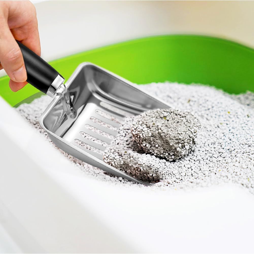 Stainless Steel Cat Litter Scoop, Durable Fine-Mesh Metal Litter Shovel for Litter Boxes and Easy Waste Removal, Light Black, Size M