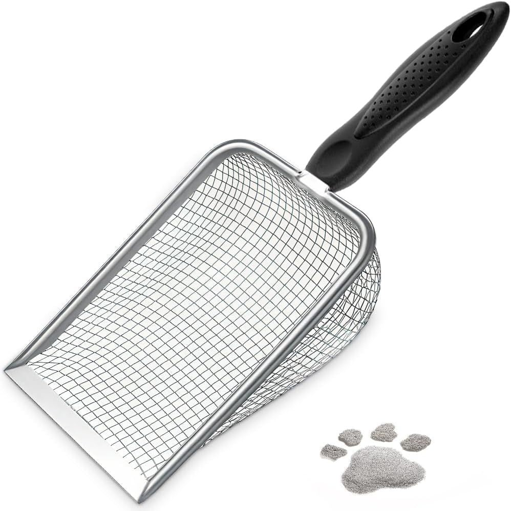 Cat Litter Scoop, Sturdy Litter Cleaner Corner Shovel, Stainless Steel Mesh Litter Shovel, Easy to Clean Reptile Terrarium Sand Waste, Black