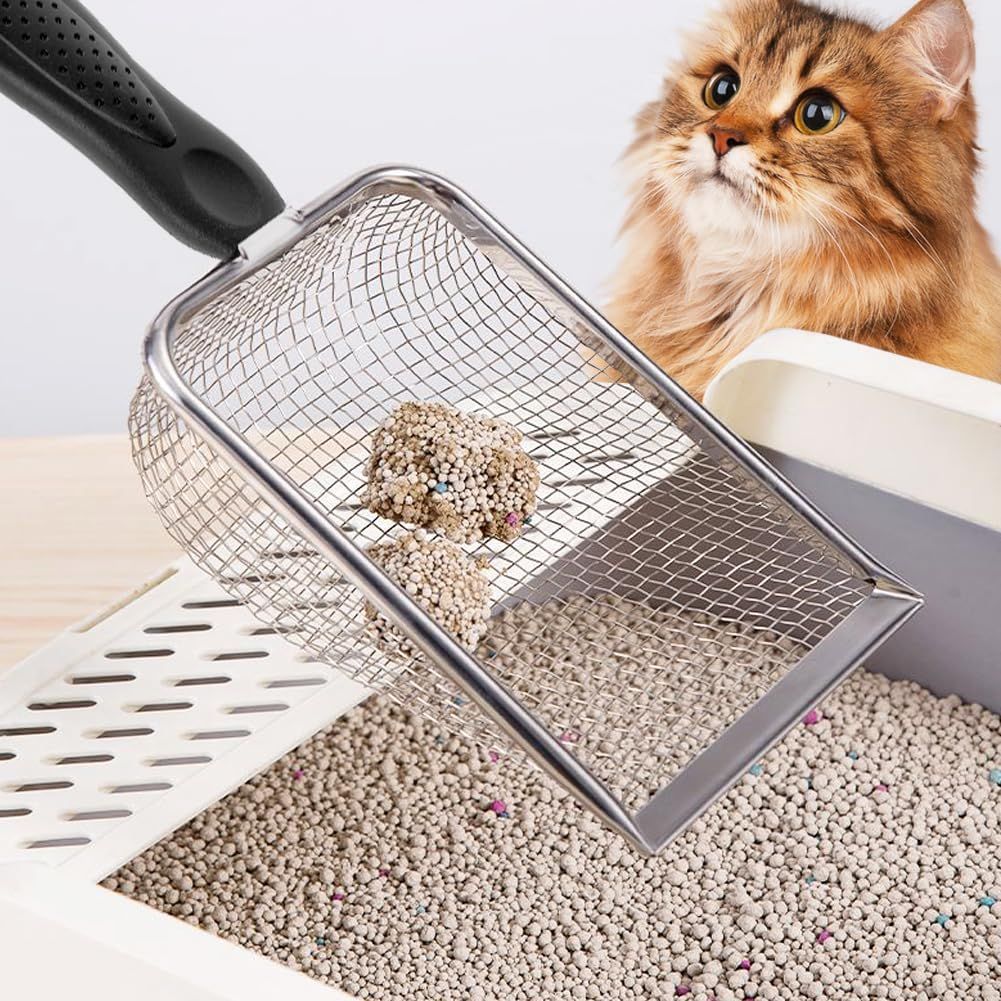 Cat Litter Scoop, Sturdy Litter Cleaner Corner Shovel, Stainless Steel Mesh Litter Shovel, Easy to Clean Reptile Terrarium Sand Waste, Black