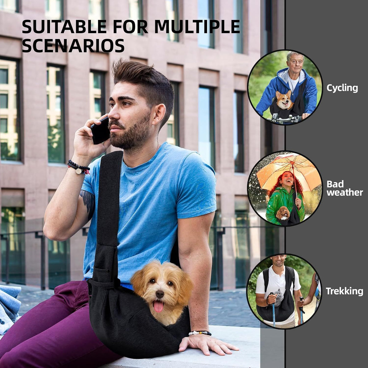 Small Pet Carrier Sling with Storage Pocket, Reversible Hands-Free Dog and Cat Carrier with Safety Buckle for Travel and Outdoor Use, Black