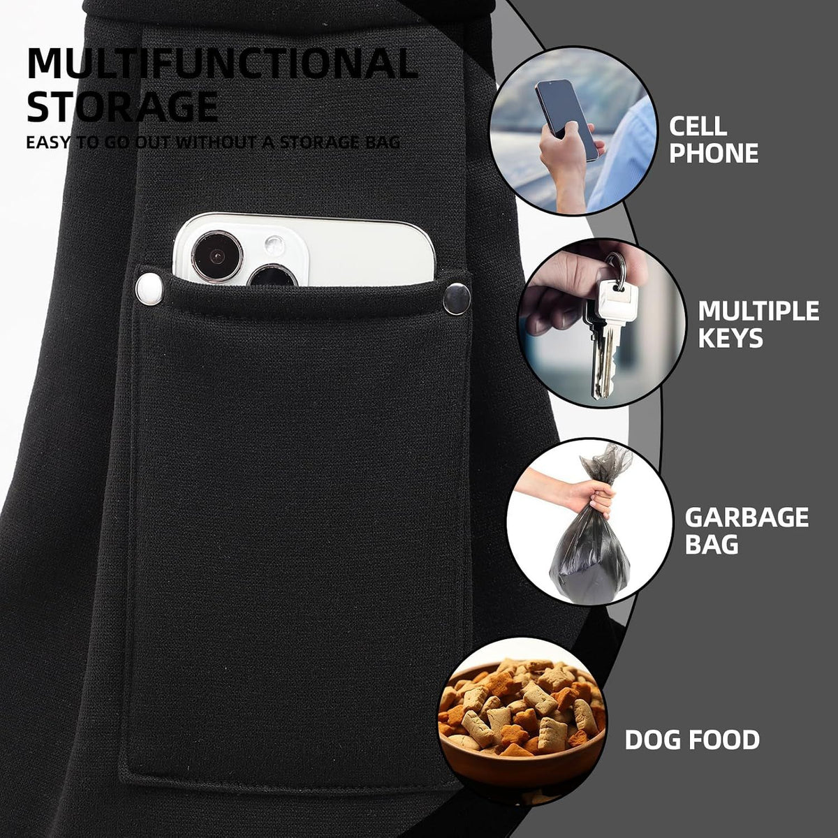 Small Pet Carrier Sling with Storage Pocket, Reversible Hands-Free Dog and Cat Carrier with Safety Buckle for Travel and Outdoor Use, Black