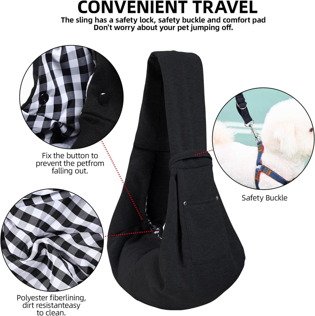 Small Pet Carrier Sling with Storage Pocket, Reversible Hands-Free Dog and Cat Carrier with Safety Buckle for Travel and Outdoor Use, Black