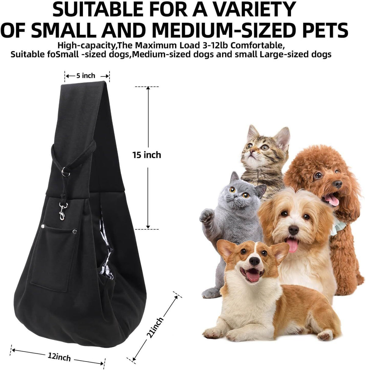 Small Pet Carrier Sling with Storage Pocket, Reversible Hands-Free Dog and Cat Carrier with Safety Buckle for Travel and Outdoor Use, Black