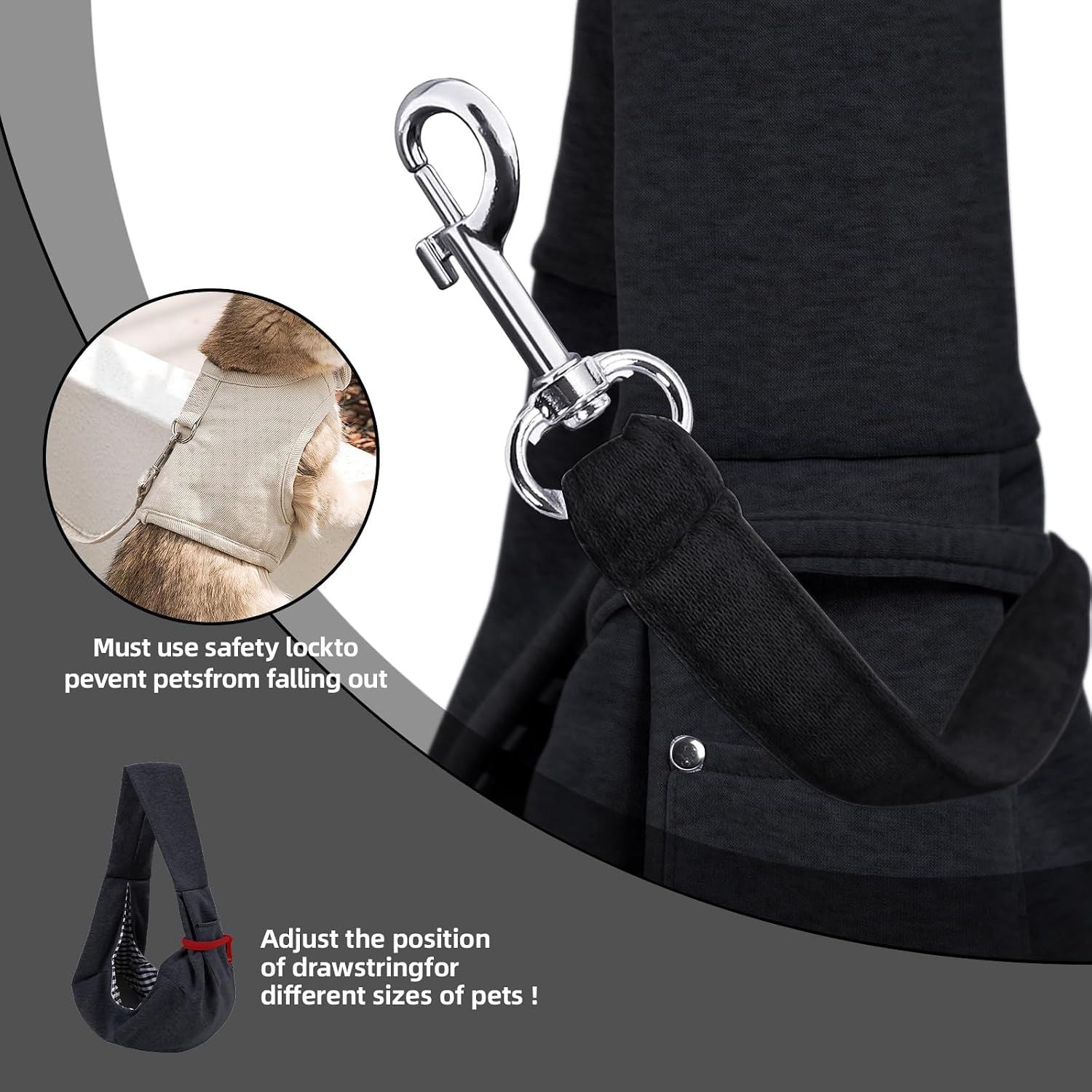 Small Pet Carrier Sling with Storage Pocket, Reversible Hands-Free Dog and Cat Carrier with Safety Buckle for Travel and Outdoor Use, Black