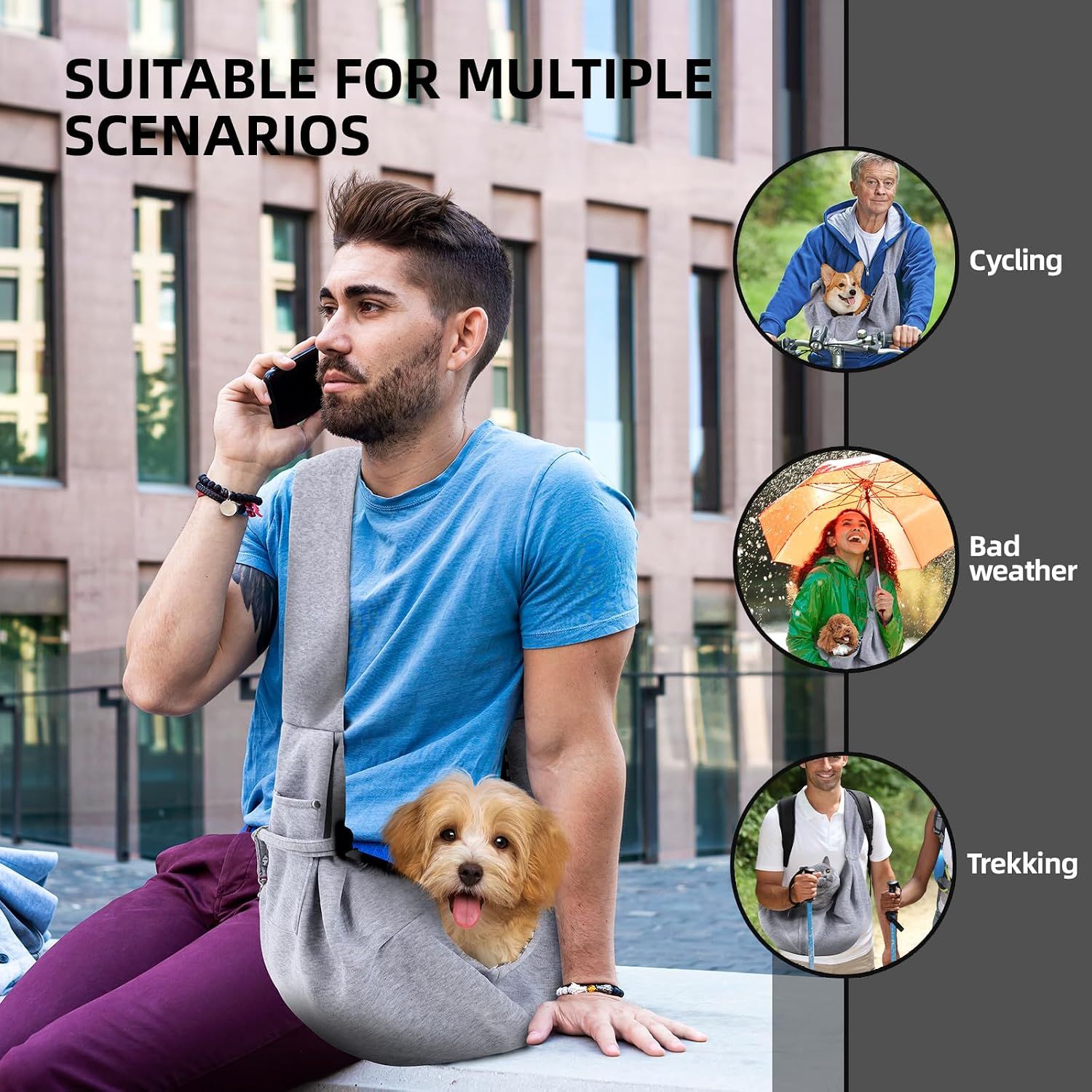 Small Pet Carrier Sling with Storage Pocket, Reversible Hands-Free Dog and Cat Carrier with Safety Buckle for Travel and Outdoor Use, Grey