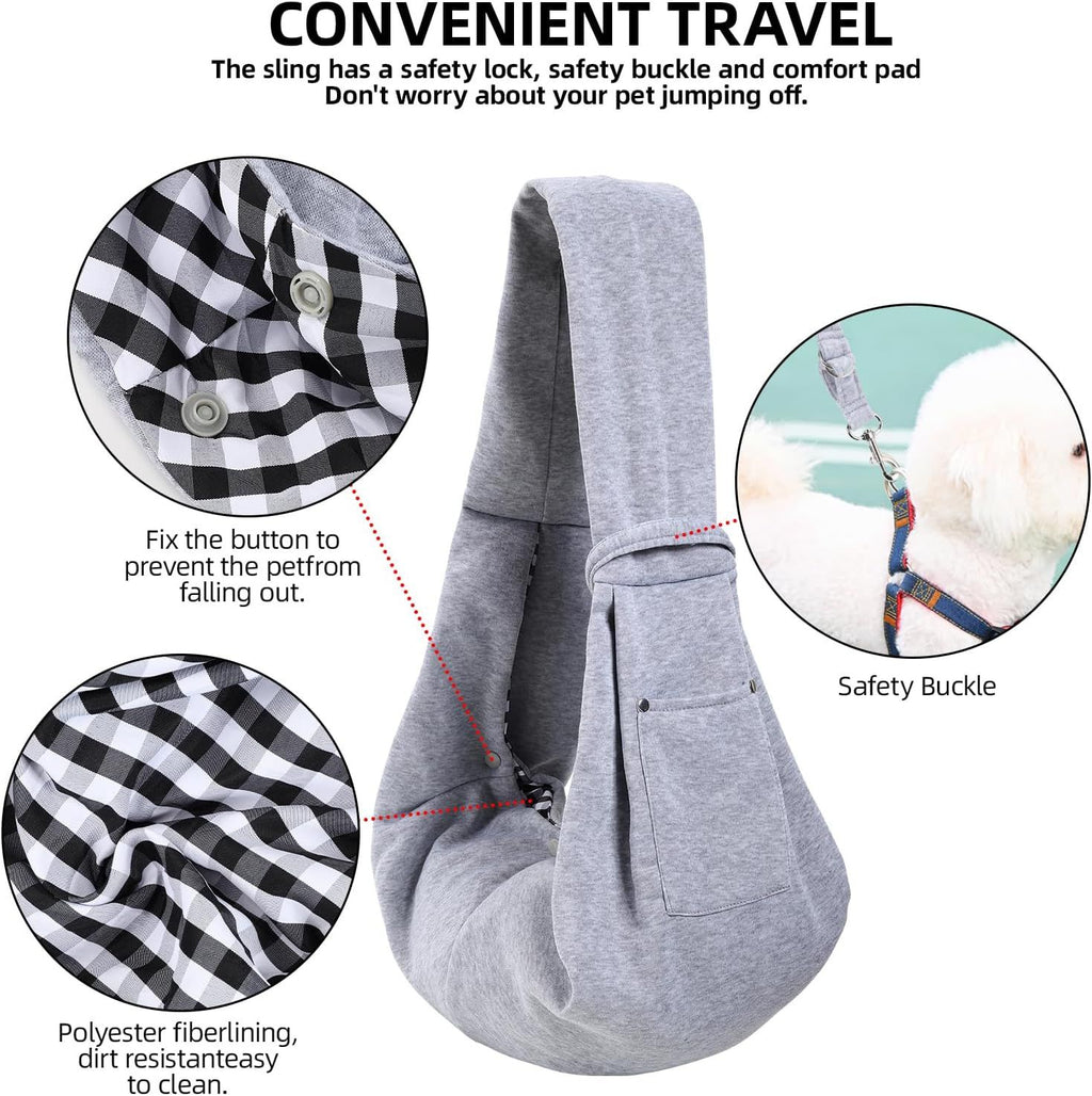 Small Pet Carrier Sling with Storage Pocket, Reversible Hands-Free Dog and Cat Carrier with Safety Buckle for Travel and Outdoor Use, Grey