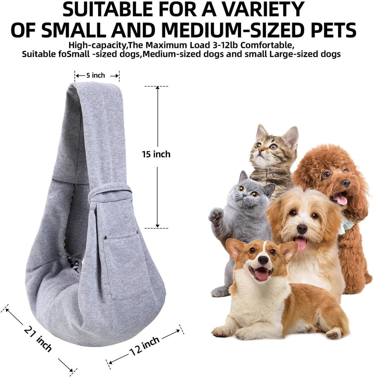 Small Pet Carrier Sling with Storage Pocket, Reversible Hands-Free Dog and Cat Carrier with Safety Buckle for Travel and Outdoor Use, Grey