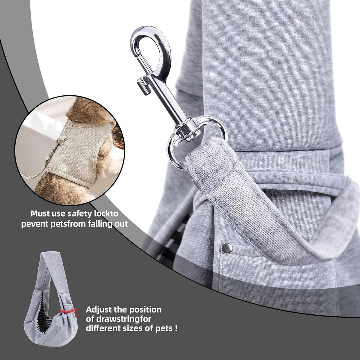 Small Pet Carrier Sling with Storage Pocket, Reversible Hands-Free Dog and Cat Carrier with Safety Buckle for Travel and Outdoor Use, Grey