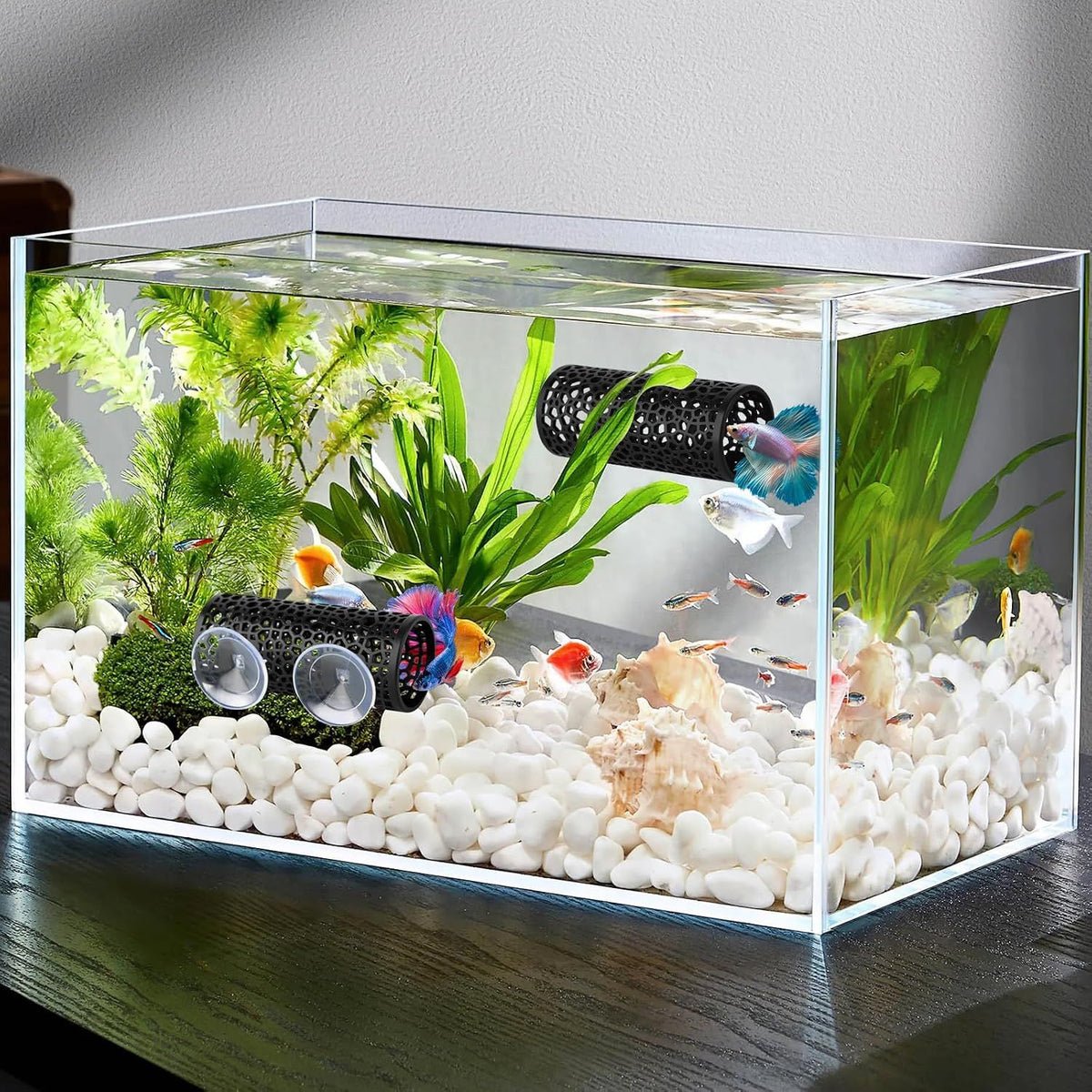 2 Pack Betta Fish Tank Decorations, Suction Cup Aquarium Hideouts for Shrimp, Small Fish, Breeding, Resting and Play, Black
