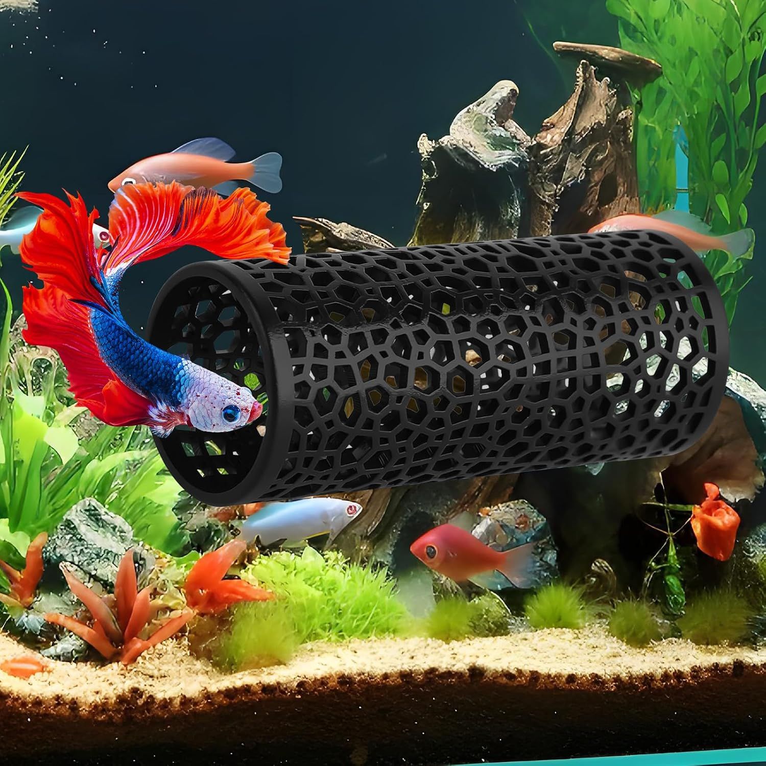 2 Pack Betta Fish Tank Decorations, Suction Cup Aquarium Hideouts for Shrimp, Small Fish, Breeding, Resting and Play, Black