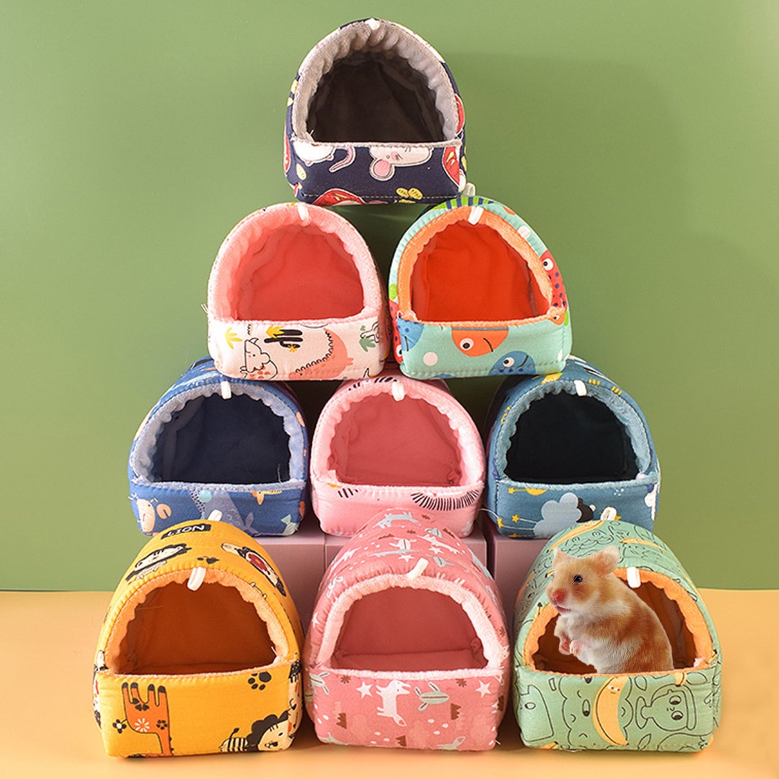 Cartoon Pattern Guinea Pig Cave House Bed, Rabbit Squirrel Chinchilla Hamster Hedgehog Nest Hideout, Small Animals Cage Warm Supplies, Machine Washable XL Green