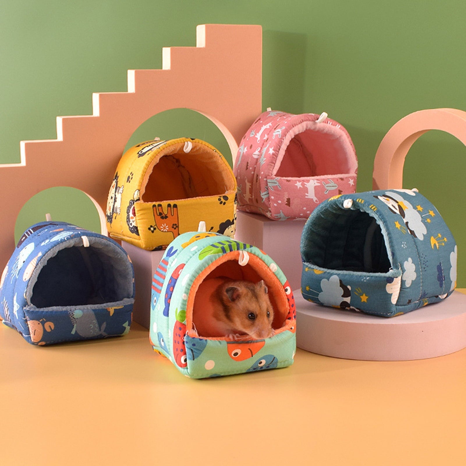 Cartoon Pattern Guinea Pig Cave House Bed, Rabbit Squirrel Chinchilla Hamster Hedgehog Nest Hideout, Small Animals Cage Warm Supplies, Machine Washable XL Green
