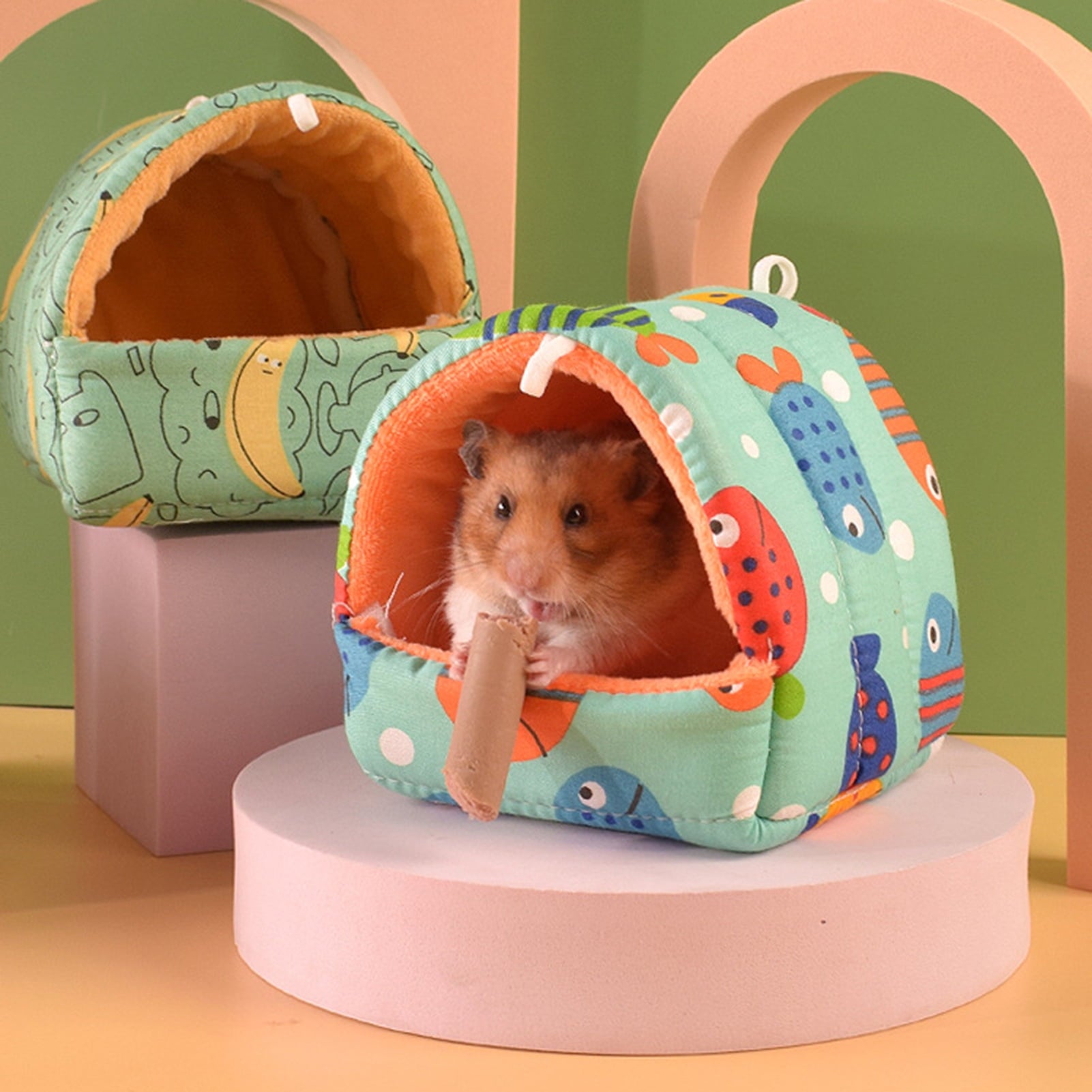 Cartoon Pattern Guinea Pig Cave House Bed, Rabbit Squirrel Chinchilla Hamster Hedgehog Nest Hideout, Small Animals Cage Warm Supplies, Machine Washable XL Green