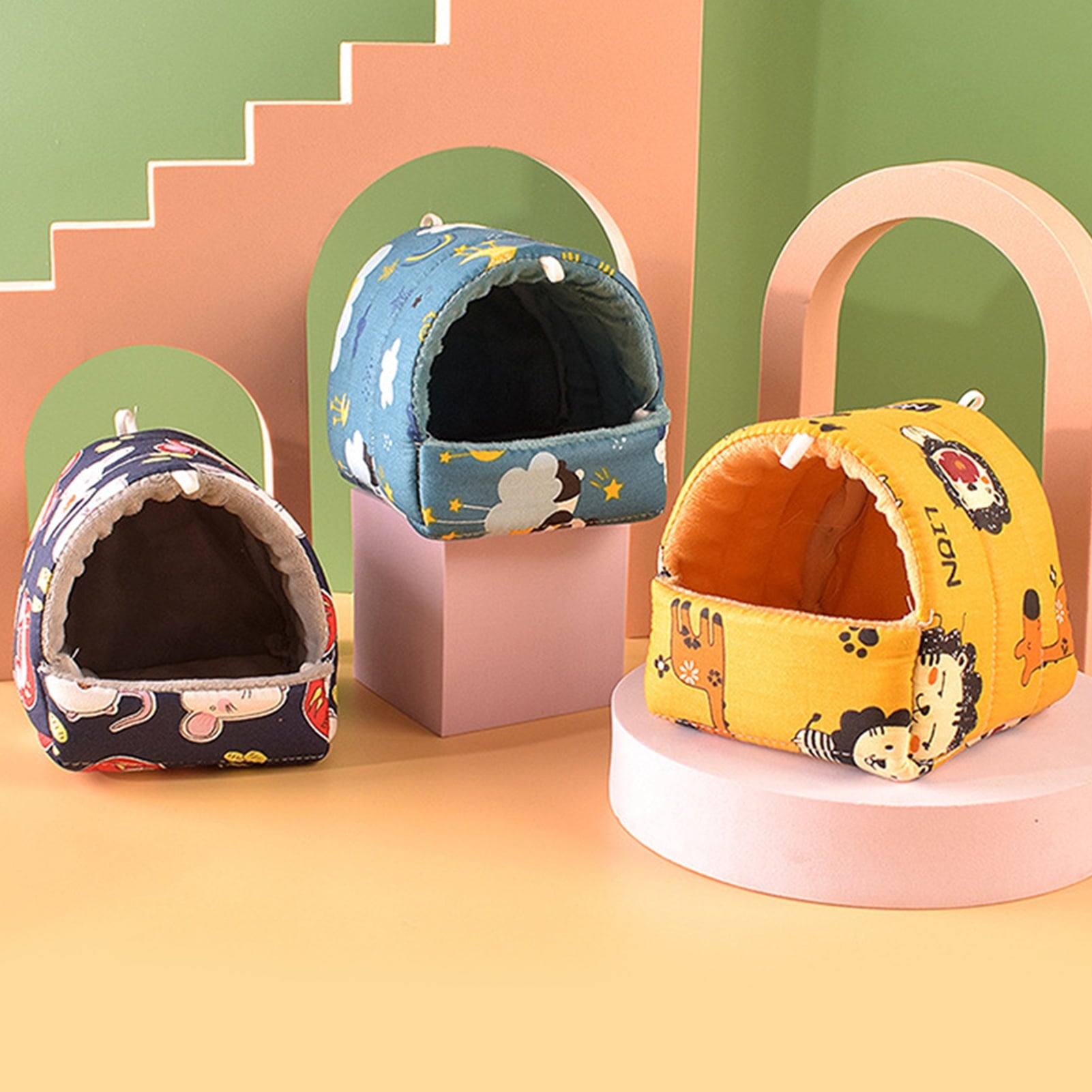 Cartoon Pattern Guinea Pig Cave House Bed, Rabbit Squirrel Chinchilla Hamster Hedgehog Nest Hideout, Small Animals Cage Warm Supplies, Machine Washable XL Green