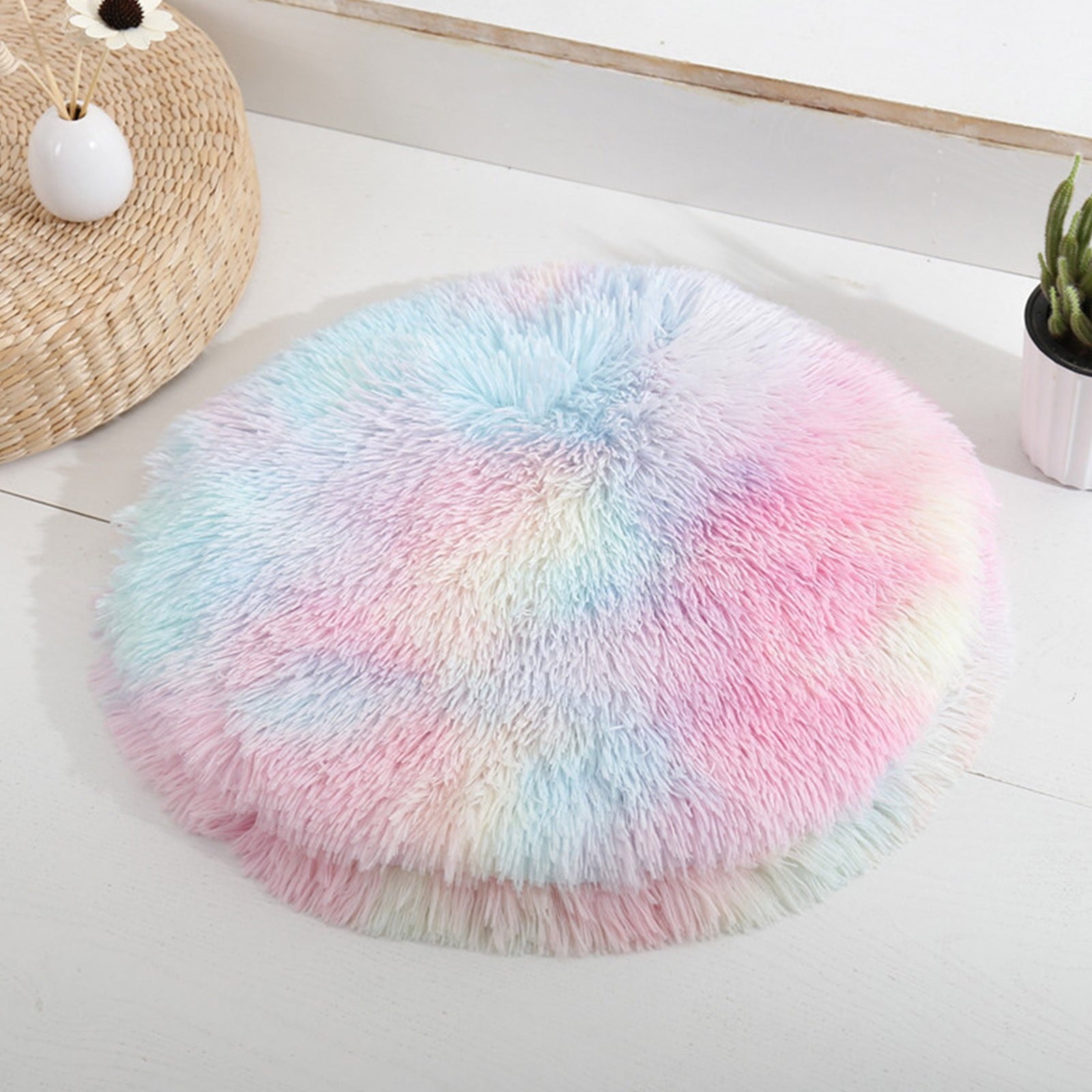 16 inch Plush Dog Bed Mat Warm Fluffy Round Puppy Crate Pad with Anti-Slip Waterproof Bottom Soft Comfy Pet Kennel Mat for Small and Medium Dogs Multicolor