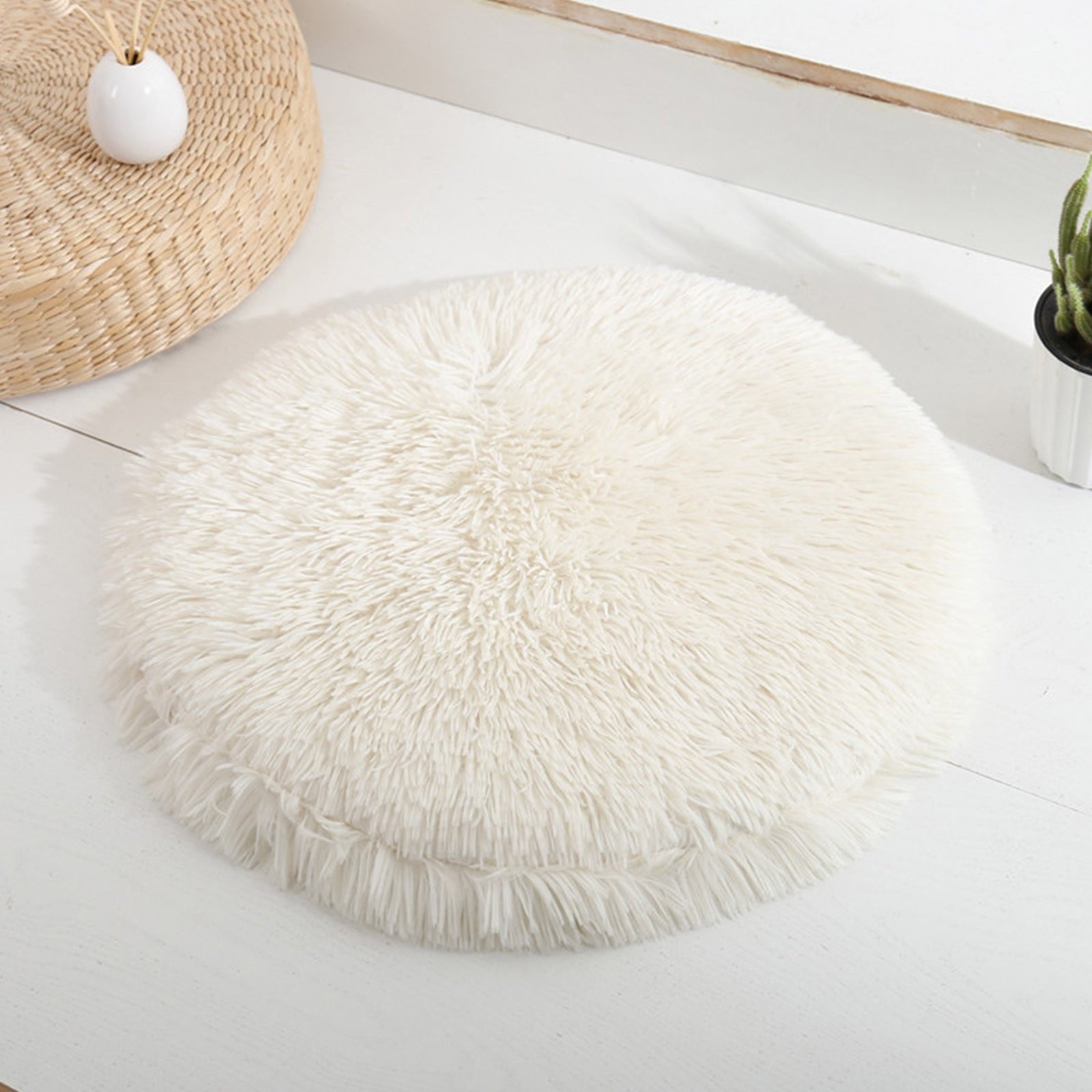 16 inch Plush Dog Bed Mat Warm Fluffy Round Puppy Crate Pad with Anti-Slip Waterproof Bottom Soft Comfy Pet Kennel Mat for Small and Medium Dogs White
