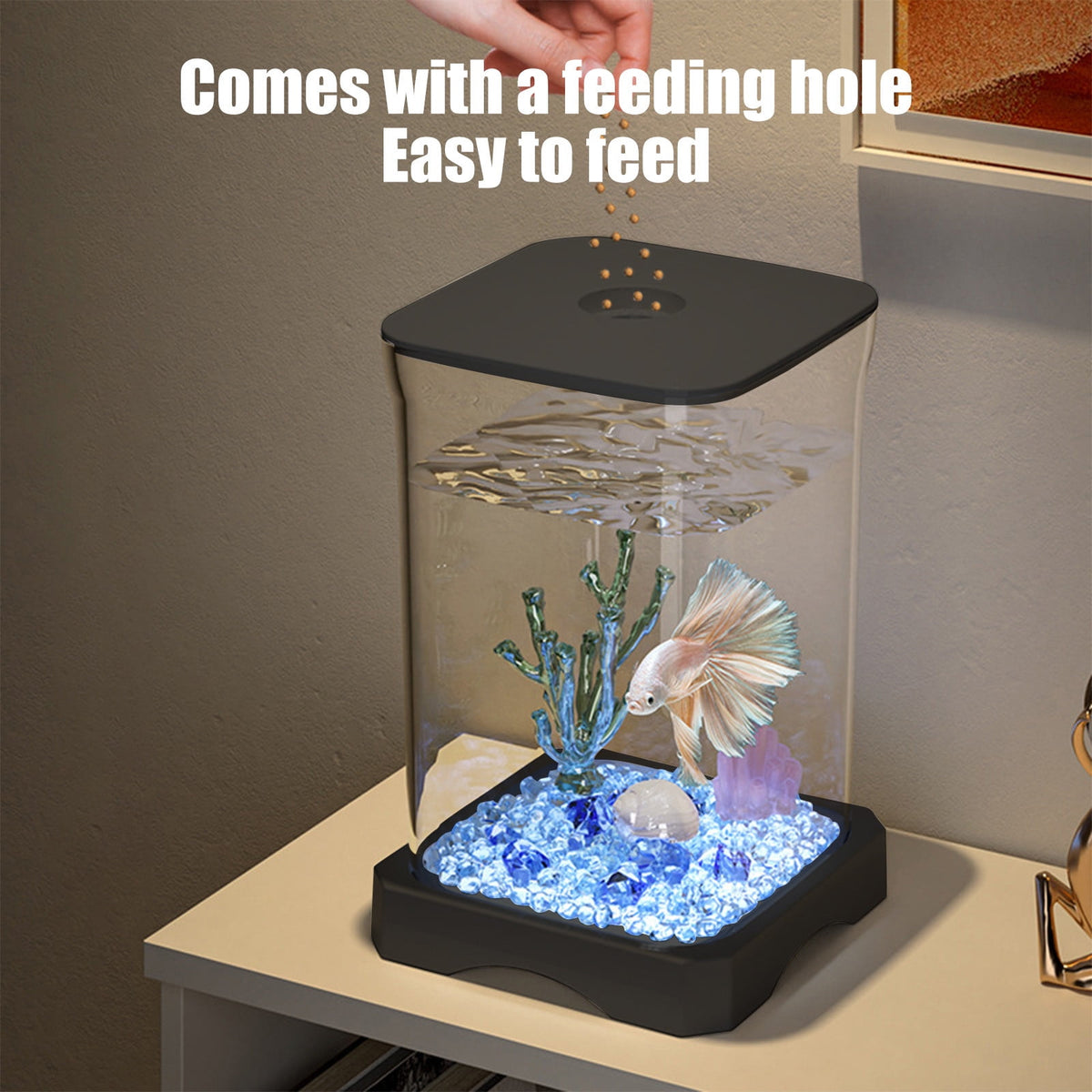 Small Fish Tank Kit, Desktop Fish Tank, Mini Aquarium with Led Light Decoration, Small Aquarium Starter Kits Desktop Room Decor, for Home, Office, Decorative Desktop Black