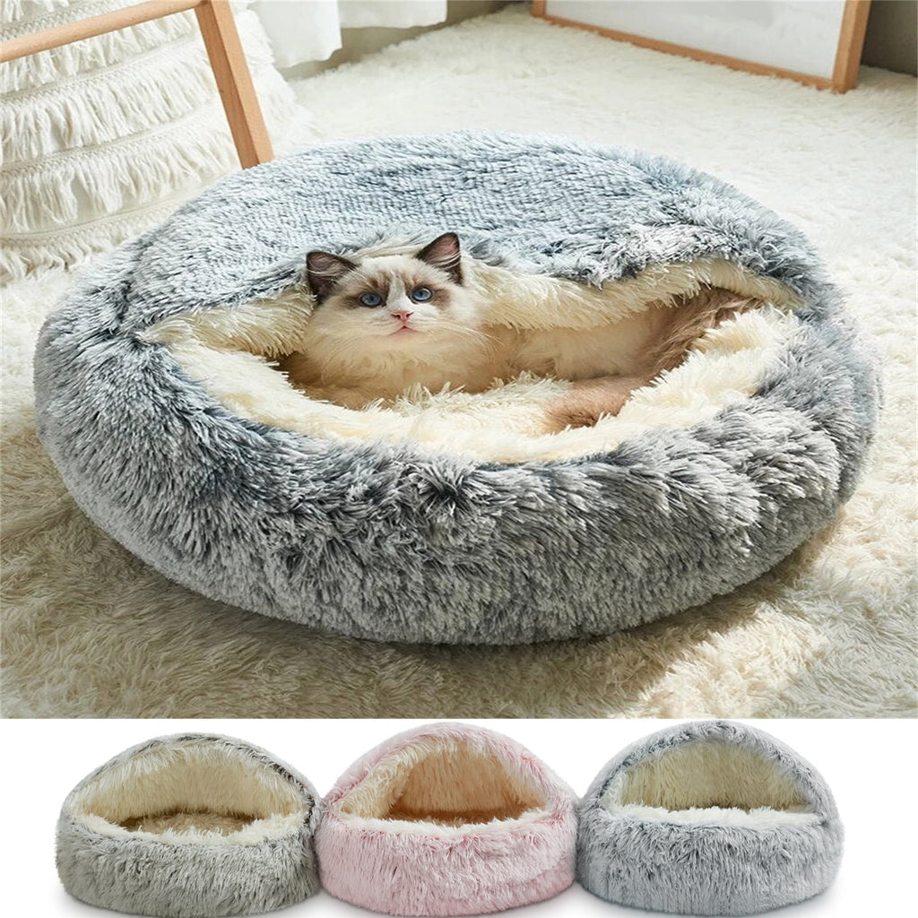 Cat Bed Round Plush Hooded Cat Bed Cave, for Indoor Cats or Small Dog Beds, Calming Pet Beds Calm Anti-nxiety Dog Bed, Waterproof Bottom Washable (16"x16") Gray