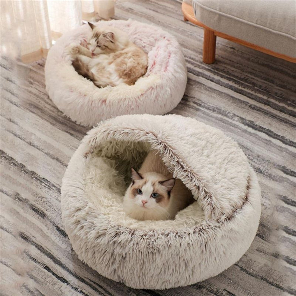 Cat Bed Round Plush Hooded Cat Bed Cave, for Indoor Cats or Small Dog Beds, Calming Pet Beds Calm Anti-nxiety Dog Bed, Waterproof Bottom Washable (16"x16") Purple