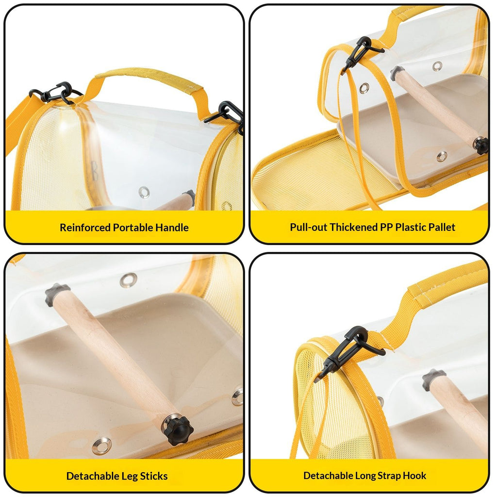 Bird Carrier,Bird Cage Parakeet Parrot Budgie Carrier Backpack for Small Birds, Travel Bird Cages with Perch, Transparent Ventilation Cockatiels, Lightweight Pet Carrier for Outdoor Use(Yellow)