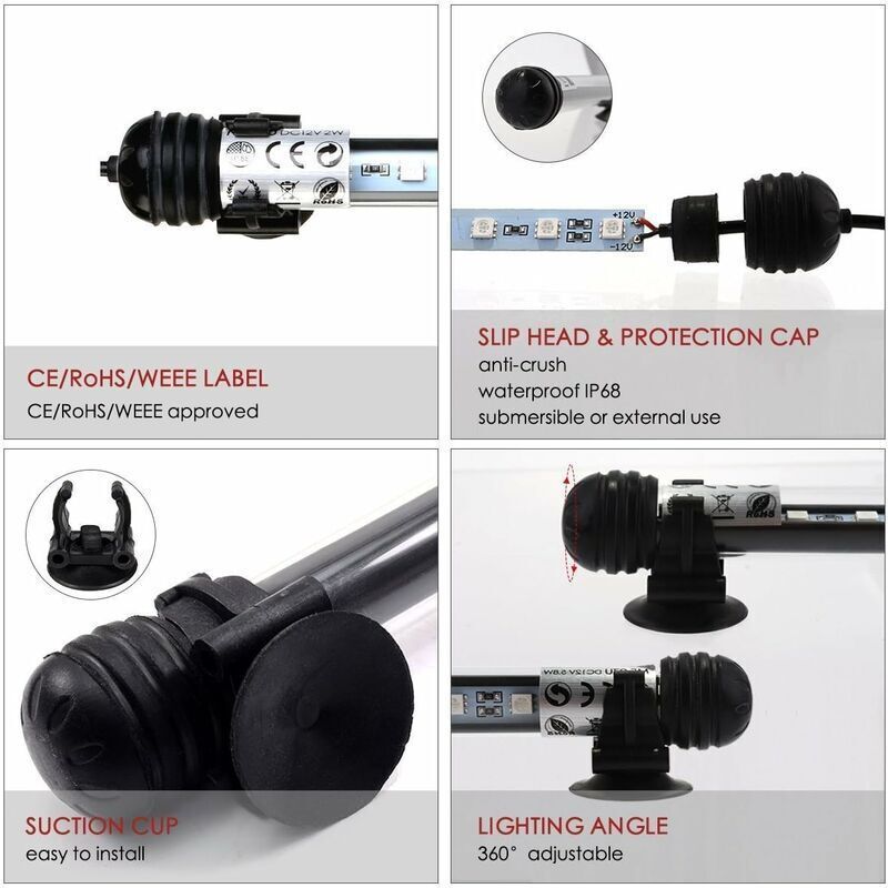 LED Aquarium, 5.8W, LED Lamp IP68 Waterproof RGB Lighting Aquarium LED, DC12V, Eclairages for Aquarium Lamp Tube Submersible for Aquarium, 48cm