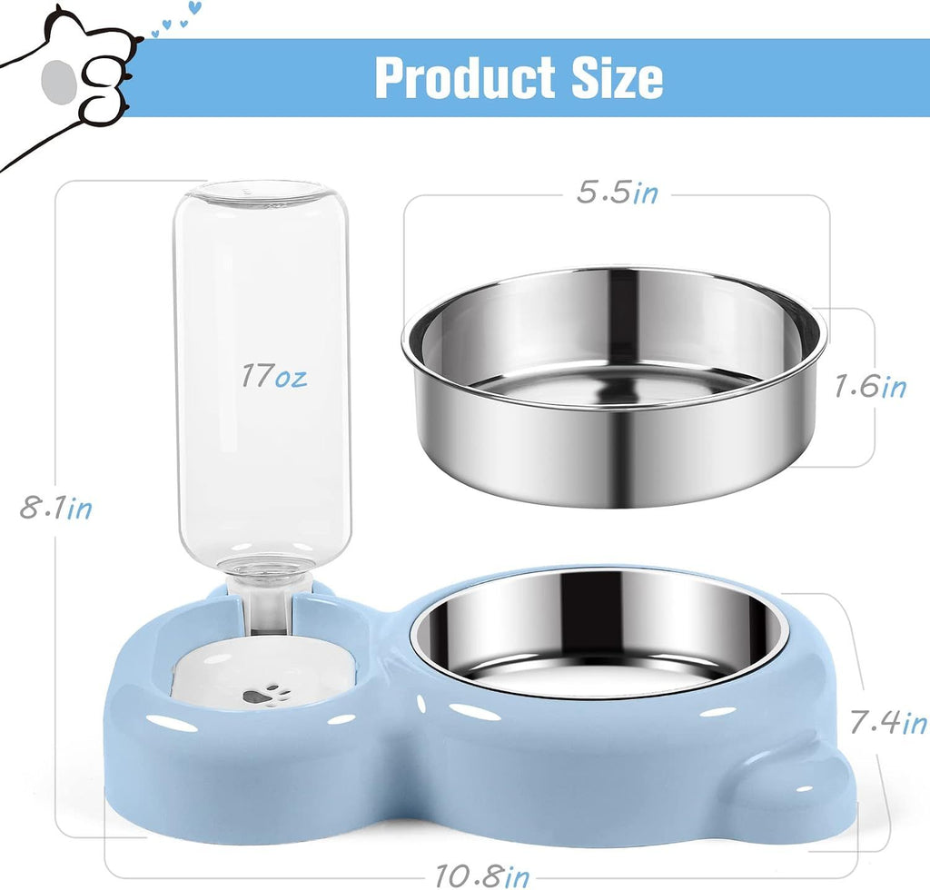 Cat Food and Water Bowl 2 in 1 with Automatic Water Dispenser Light Blue, 500 ml