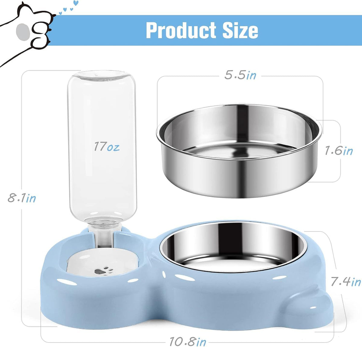 Cat Food and Water Bowl 2 in 1 with Automatic Water Dispenser Light Blue, 500 ml