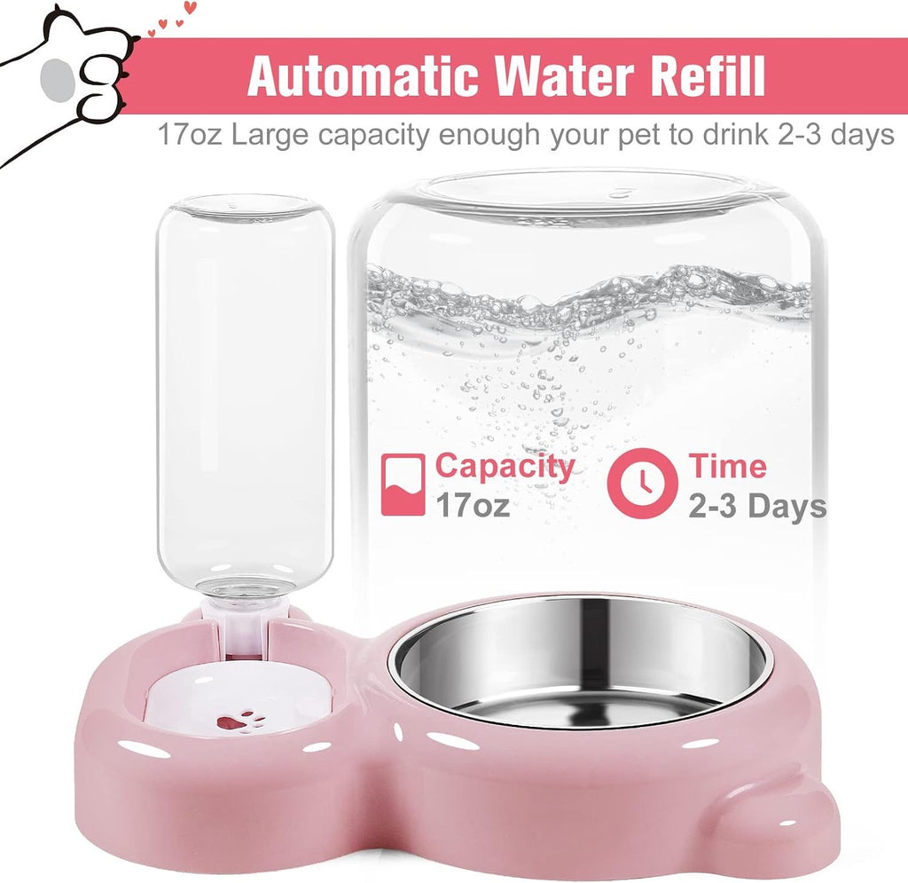 Cat Food and Water Bowl 2 in 1 with Automatic Water Dispenser Pink, 500 ml