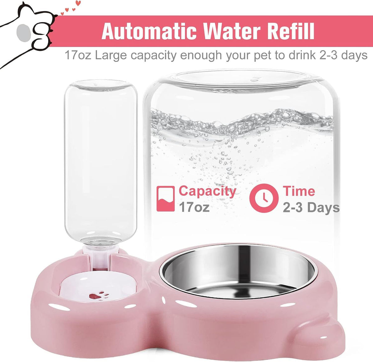 Cat Food and Water Bowl 2 in 1 with Automatic Water Dispenser Pink, 500 ml